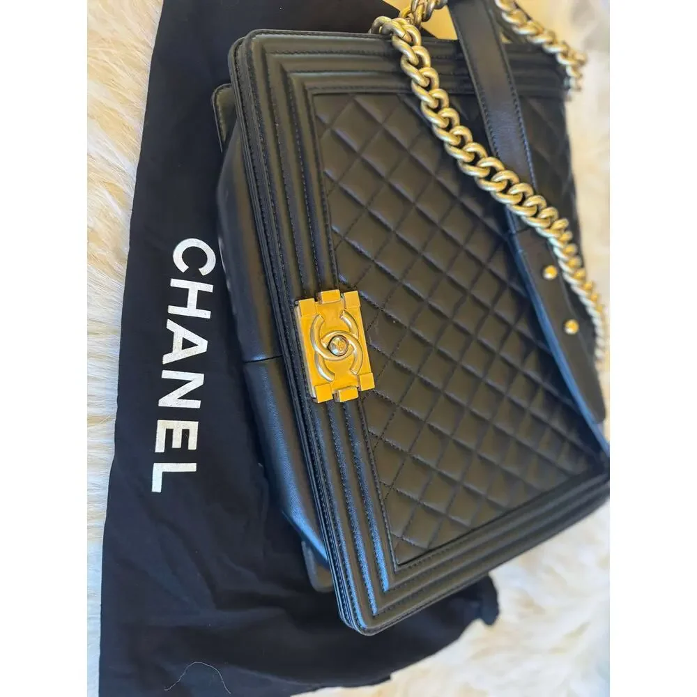 Authentic Large Chanel Boy Bag - Black with Gold Hardware